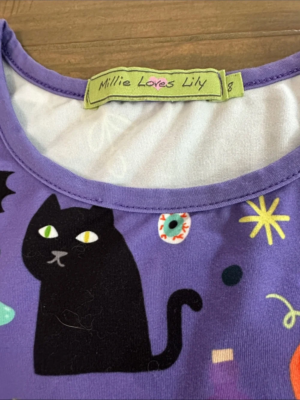 Girls Purple Halloween Cat & Pumpkin Dress with Striped Pockets